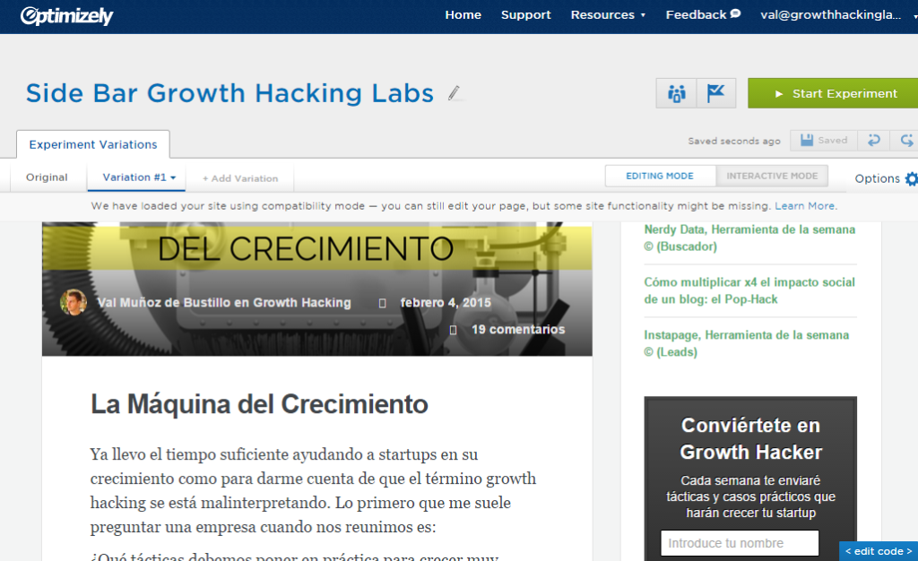 Creando experimento con Optimizely